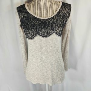 Moa Moa Heather Grey w/Black Lace Accent Bust Long Sleeve Back Tie Sweater Small